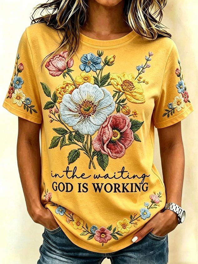 Vintage Floral Crew Neck Short Sleeve T-shirt