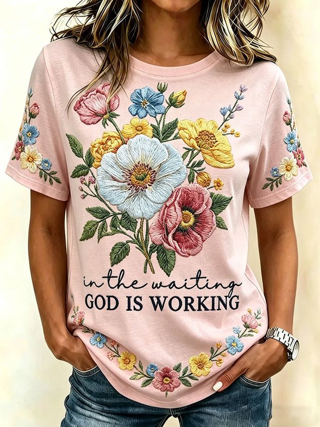Vintage Floral Crew Neck Short Sleeve T-shirt