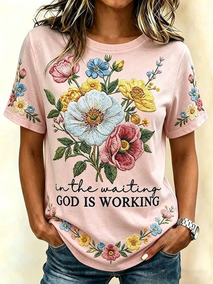 Vintage Floral Crew Neck Short Sleeve T-shirt