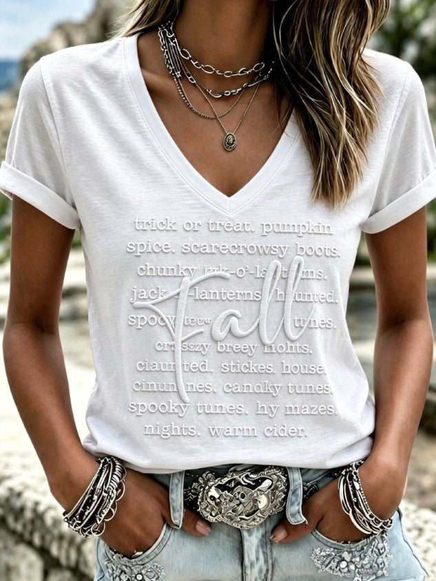 Vintage Text Letters V Neck Short Sleeve T-shirt