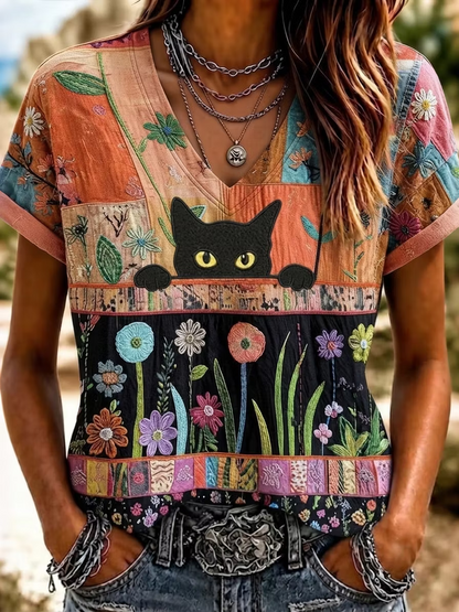 Vintage Floral V Neck Short Sleeve T-shirt
