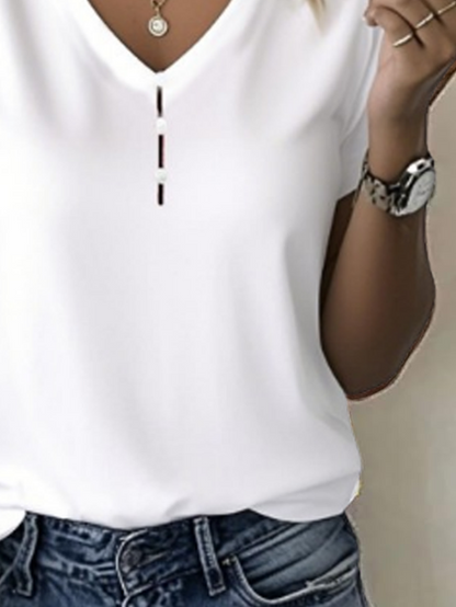 Casual Plain V Neck Short Sleeve T-shirt