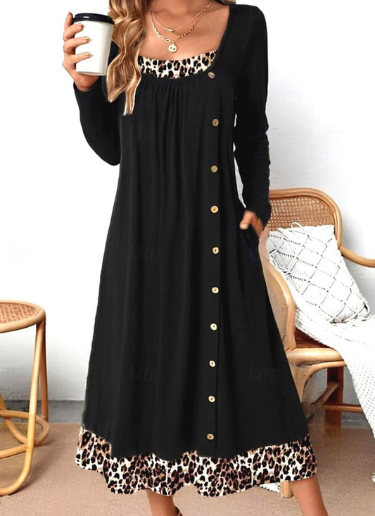Women Color Block Spring/Fall Dress Crew Neck Long Sleeve A-Line Dress