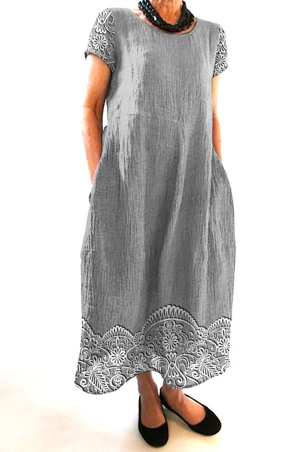 Women Floral Crew Neck Short Sleeve Comfy Casual Maxi Dress