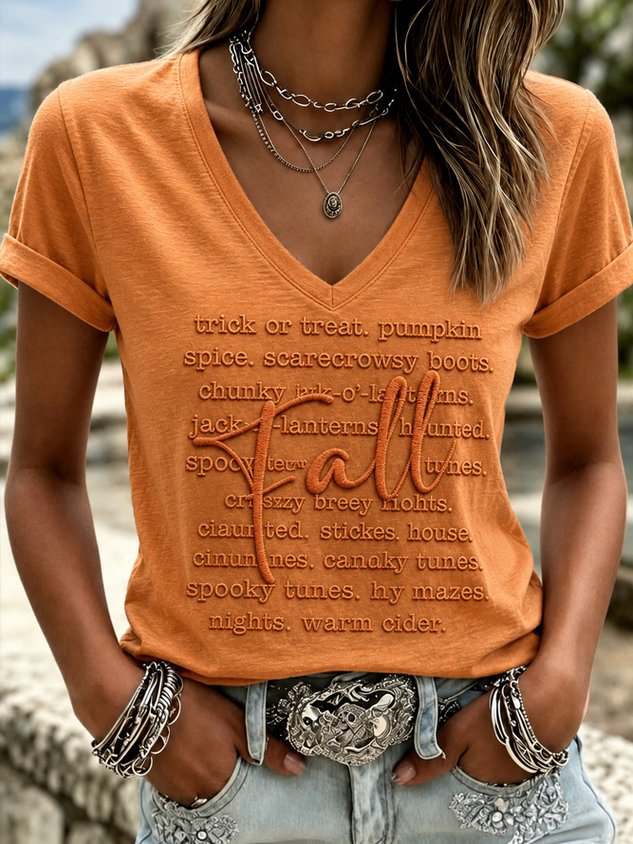 Vintage Text Letters V Neck Short Sleeve T-shirt