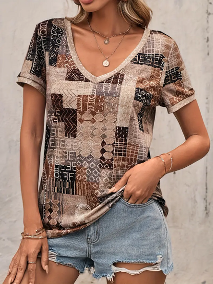 Casual Geometric V Neck Short Sleeve T-shirt