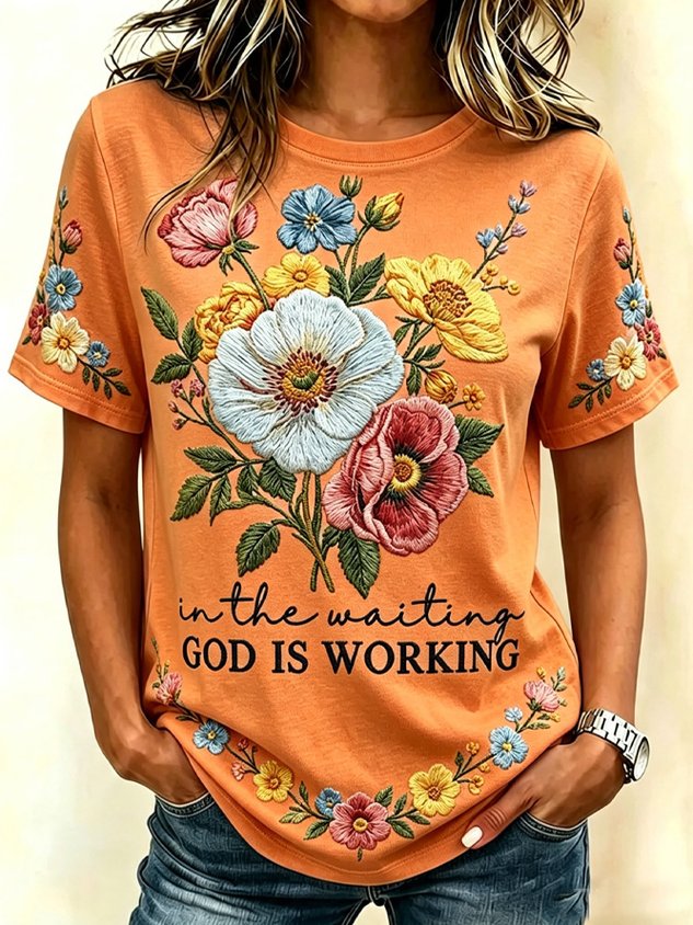 Vintage Floral Crew Neck Short Sleeve T-shirt