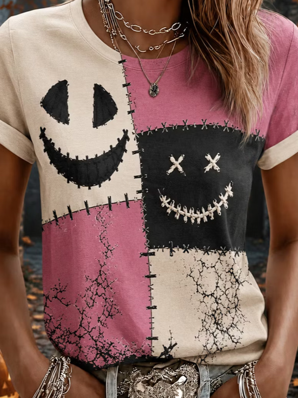 Casual Color Block Crew Neck Short Sleeve T-shirt