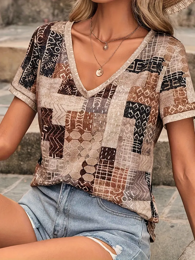 Casual Geometric V Neck Short Sleeve T-shirt