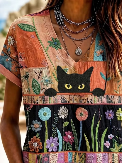 Vintage Floral V Neck Short Sleeve T-shirt