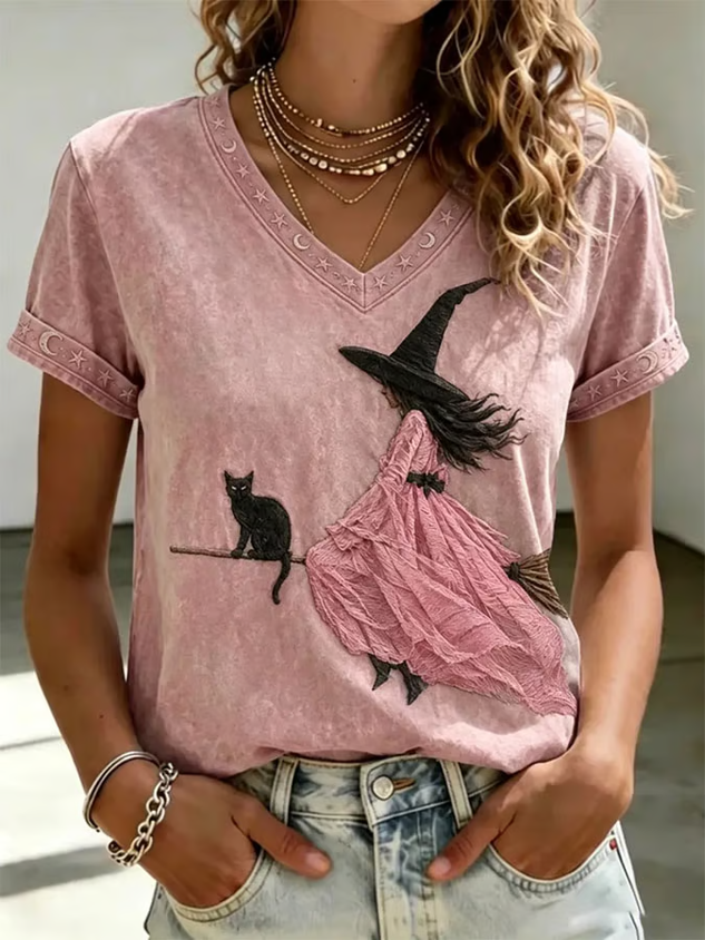 Vintage Cat V Neck Short Sleeve T-shirt