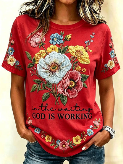 Vintage Floral Crew Neck Short Sleeve T-shirt