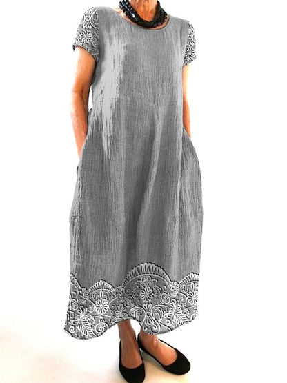 Women Floral Crew Neck Short Sleeve Comfy Casual Maxi Dress