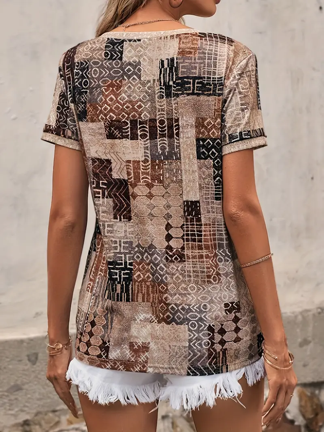 Casual Geometric V Neck Short Sleeve T-shirt