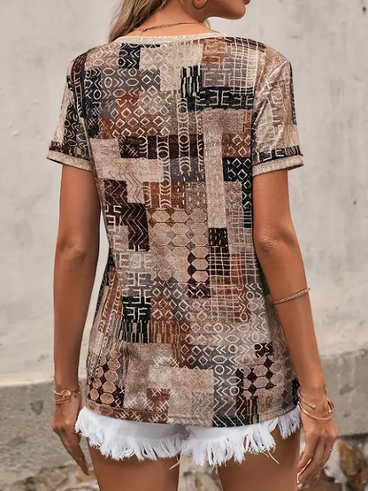 Casual Geometric V Neck Short Sleeve T-shirt