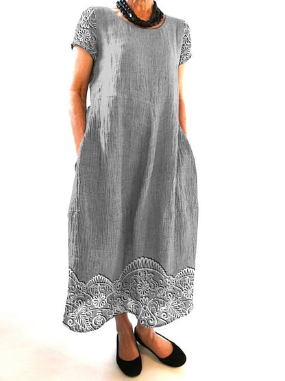 Women Floral Crew Neck Short Sleeve Comfy Casual Maxi Dress