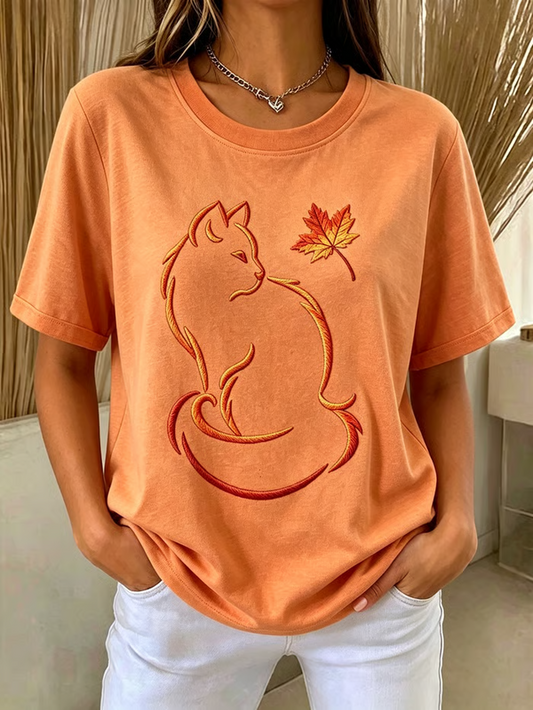 Casual Cat Crew Neck Short Sleeve T-shirt