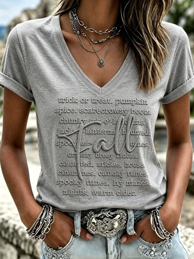 Vintage Text Letters V Neck Short Sleeve T-shirt