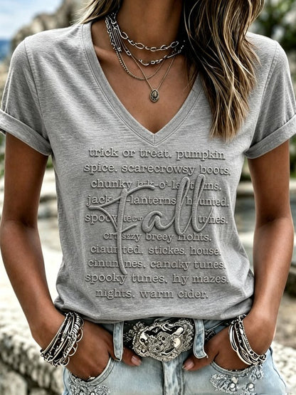 Vintage Text Letters V Neck Short Sleeve T-shirt