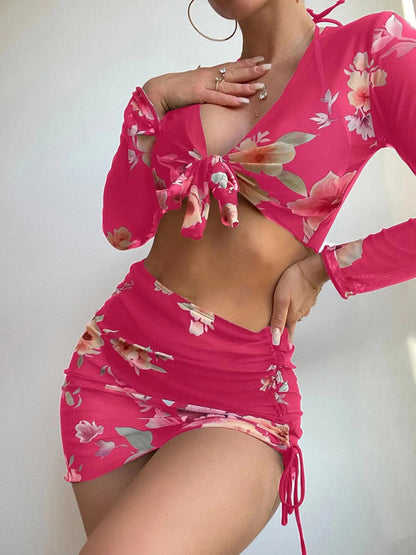 Womens 3 Piece Floral Print Drawstring Bikini SIZE S-XL
