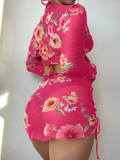 Womens 3 Piece Floral Print Drawstring Bikini SIZE S-XL